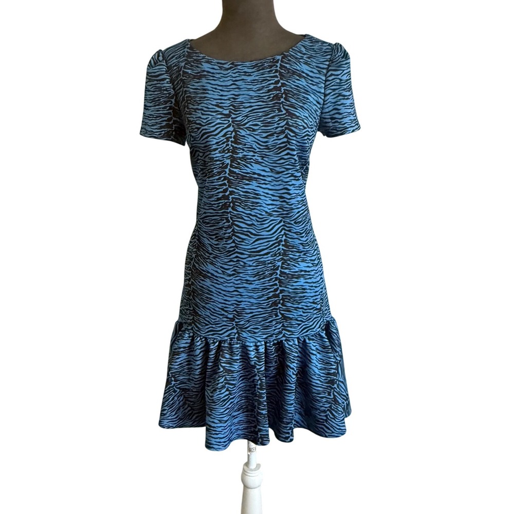 Betsey Johnson Blue Black Tiger Stripe Drop Waist Ruffle Hem Dress Womens Size 6